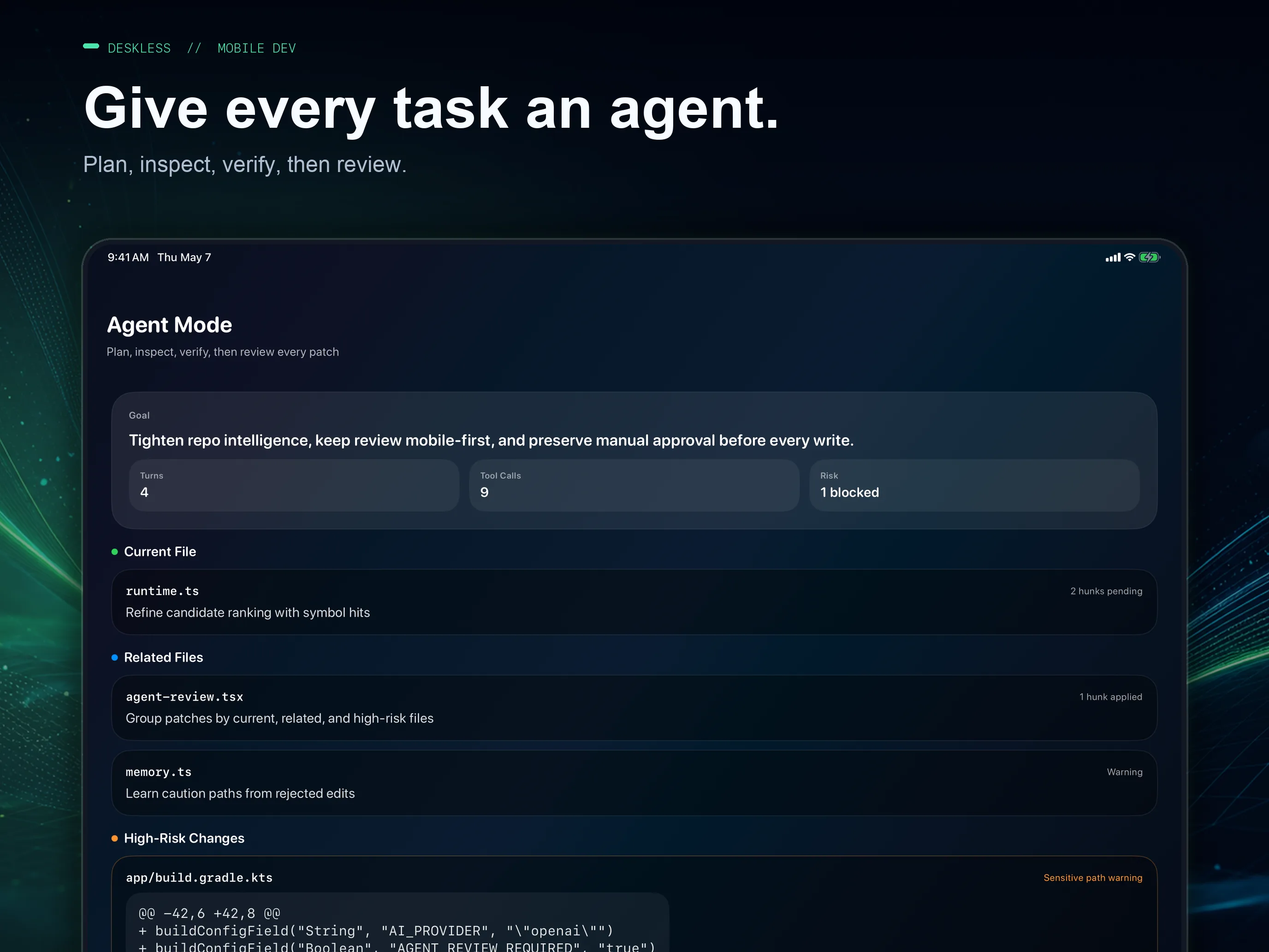 Deskless Agent Mode showing a repo-aware task plan and grouped review on a tablet