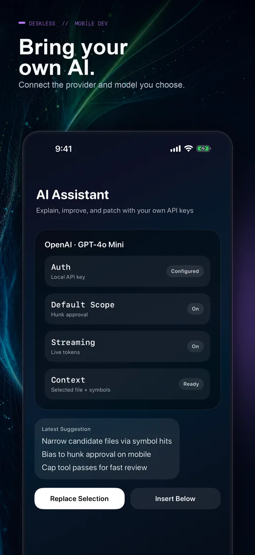 Deskless AI provider and context controls on a phone