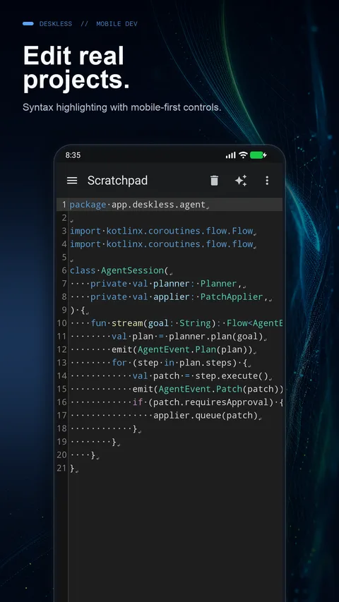 Deskless syntax-highlighted code editor on an Android phone