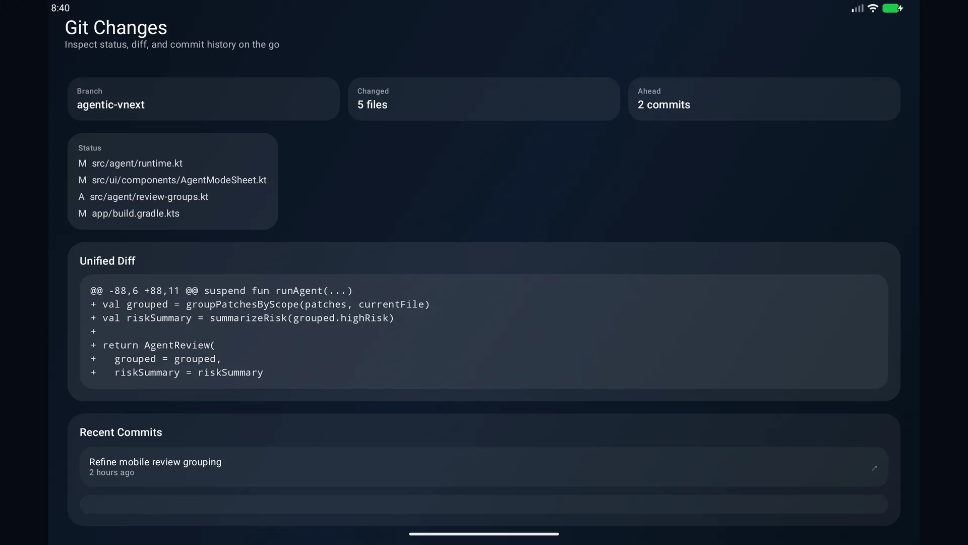 Deskless Git changes view with branch status and a unified diff