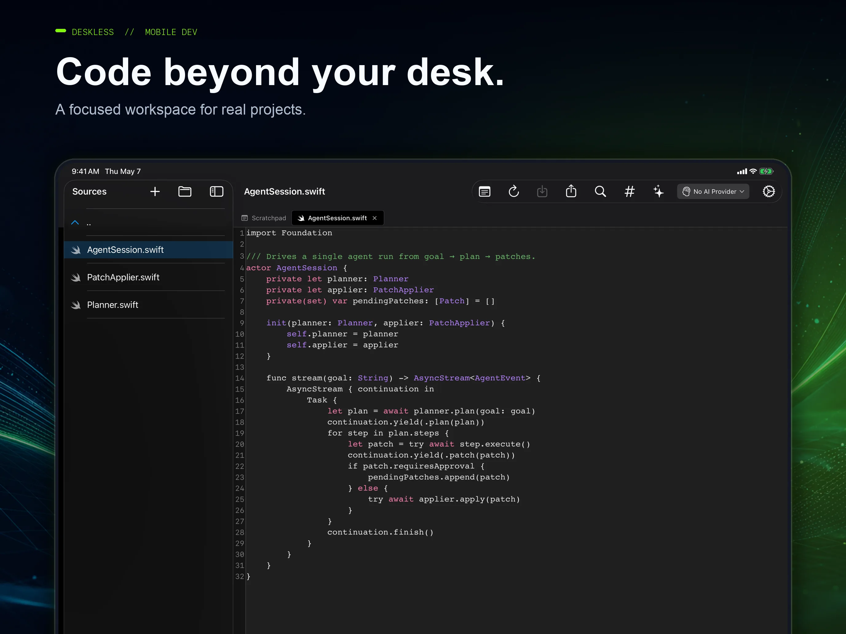 Deskless project workspace showing a real repository and editor